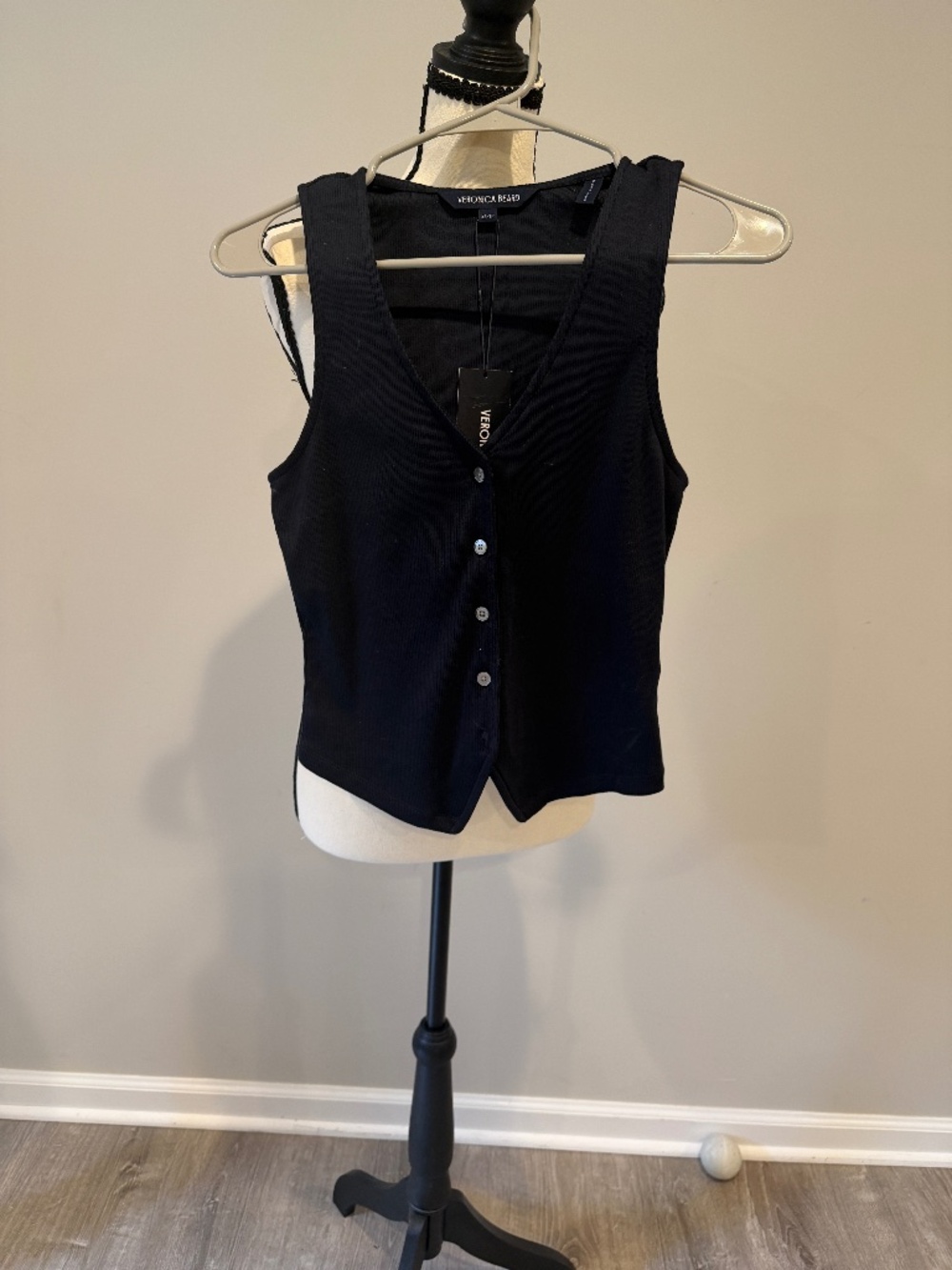 NWT Veronica Beard Hoorne Button-Down Tank Top Navy Ribbed Stretch-Cotton SizeXS